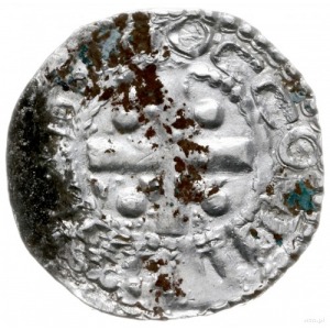 denar 936-973; Aw: Krzyż prosty z kulkami w kątach, wok...