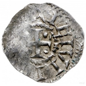 naśladownictwo denara z lat 1014-1024; Aw: Krzyż z kulk...