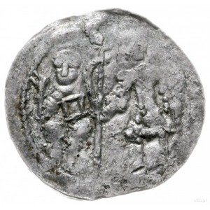 denar 1108-1138; Aw: Biskup z księgą i rycerz z włóczni...