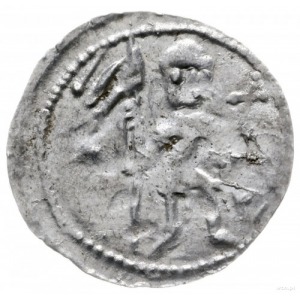 denar z lat 1146-1157; Aw: Rycerz stojący na wprost z p...