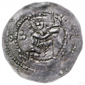 denar 1239-1249, Gniezno; Aw: Rycerz z mieczem na wpros...