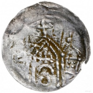 denar lub półbrakteat, po 1180, Głogów; Aw: Kościół, po...