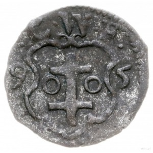 denar 1595, Wschowa; Aw: Orzeł, Rw: Herb Wschowy po bok...