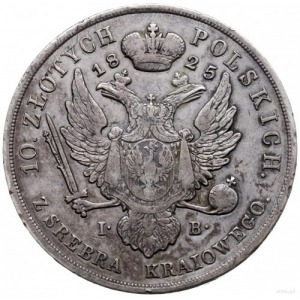 10 złotych 1825 I.B., Warszawa; Aw: Głowa cara w prawo ...