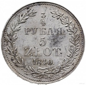 3/4 rubla = 5 złotych 1840 M-W, Warszawa; ogon Orła uło...