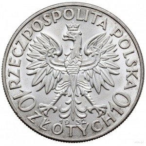 10 złotych 1932, Londyn; głowa kobiety w czepcu; Parchi...