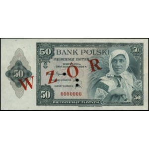 50 złotych 20.08.1939, numeracja 0000000, ukośny czerwo...