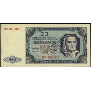 20 złotych 1.07.1948, seria HW, numeracja 0000010, perf...