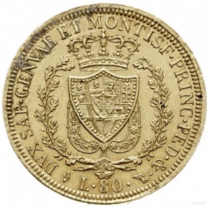 80 lirów 1826, Turyn; znak menniczy litera L i głowa or...