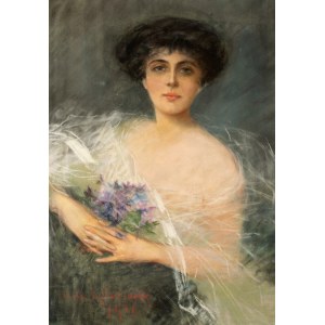 Julian AJDUKIEWICZ (1883 - 1941), Portret kobiety z bukietem fiołków, 1916