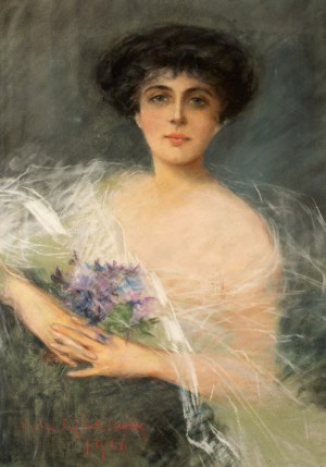 Julian AJDUKIEWICZ (1883 - 1941), Portret kobiety z bukietem fiołków, 1916