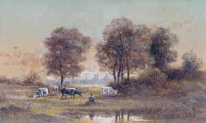 Czesław Borys Jankowski (1862 Warszawa-1941 Sceaux), Pejzaż z pastuszką krów i Krakowem w tle, 1887