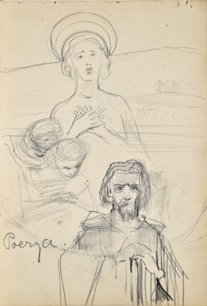 Włodzimierz Tetmajer (1861 - 1923), Popiersie młodej kobiety na tle pejzażu z opisem „Poezya” oraz szkic mężczyzny, ok. 1900