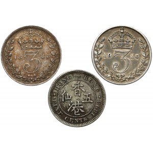 Wielka Brytania i Hong-Kong, 3 pensy i 5 centów 1888-1916 (3szt)