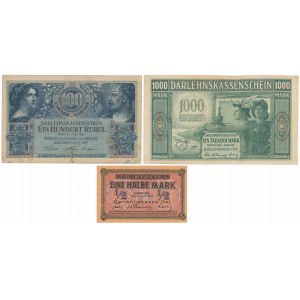 Poznań, 100 rubli 1916 i Kowno, 1/2 i 1.000 marek 1918 (3szt)