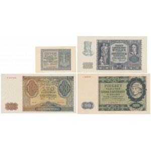 Zestaw banknotów 1 - 500 złotych 1940-1941 (4szt)