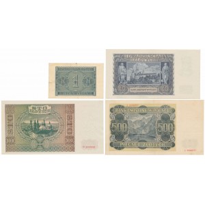 Zestaw banknotów 1 - 500 złotych 1940-1941 (4szt)