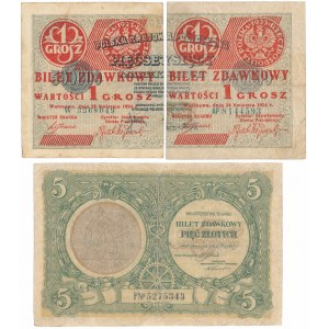 1 grosz 1924 lewa i prawa połowa i 5 zł 1925 (3szt)