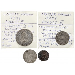 August III Sas, Szóstak, trojaki i szeląg 1754-63, rzadkie (4szt)