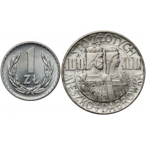 Próba SREBRO 100 złotych 1966 Mieszko i 1 złoty 1949 (2szt)