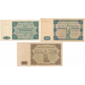 20, 500 i 1.000 złotych 1947 - zestaw (3szt)