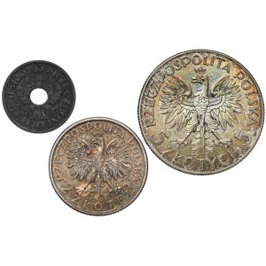 2 i 5 złotych 1934 Głowa Kobiety + 5 groszy 1939 GG (3szt)