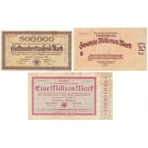 Germany, Deutsche Reichsbahn, 500.000 mk, 1 & 20 mln mk 1923 (3pcs)