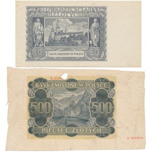 Nieukończone druki - 20 i 500 złotych 1940 (2szt)