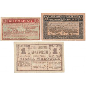 Bielsko, 2x 50 halerzy 1919 i Wadowice, 1 korona 1919 (3szt)