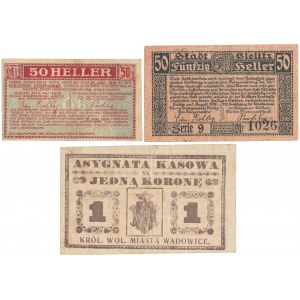 Bielsko, 2x 50 halerzy 1919 i Wadowice, 1 korona 1919 (3szt)