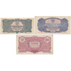 Zestaw banknotów 20, 50 i 100 złotych 1944 (3szt)