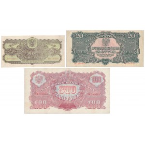 Zestaw banknotów 5, 20 i 100 złotych 1944 (3szt)
