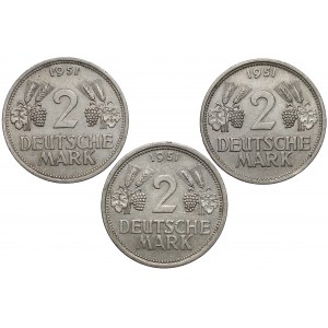 Niemcy, 2 marki 1951 J, F i G (3szt)