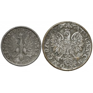 1 złoty 1925 i 5 złotych 1933 - falsyfikaty z epoki (2szt)
