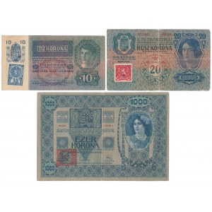 Czechosłowacja, 10, 20 i 1.000 Korun 1919 (3szt)