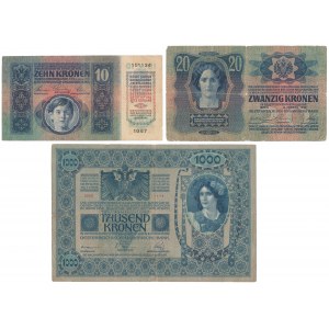 Czechosłowacja, 10, 20 i 1.000 Korun 1919 (3szt)