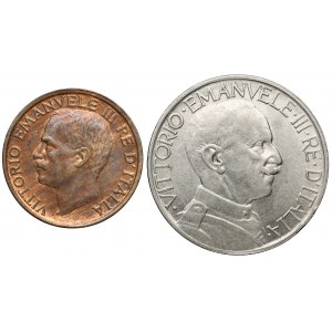 Włochy, Emanuel III, 10 centesimo i 2 liry 1921-1923, zestaw (2szt)