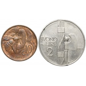 Włochy, Emanuel III, 10 centesimo i 2 liry 1921-1923, zestaw (2szt)