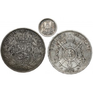 Francja, Belgia i Tajlandia - zestaw monet srebrnych (3szt)