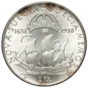 Szwecja, Gustaw V, 2 korony 1938 - 300-lecie osadnictwa w Delaware