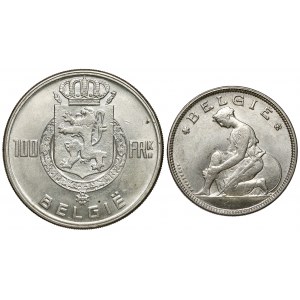 Belgia, 2 franki 1923 i 100 franków 1949, zestaw (2szt)