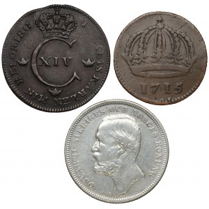 Szwecja, Daler, 1/4 skilling, 1 krona 1715-1897 (3szt)