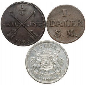 Szwecja, Daler, 1/4 skilling, 1 krona 1715-1897 (3szt)