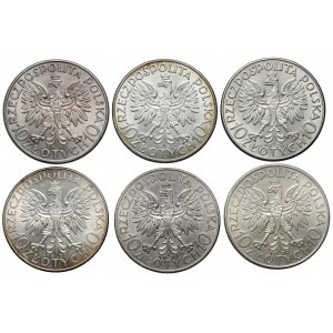 10 złotych 1932-1933 Głowa Kobiety, zestaw (6szt)