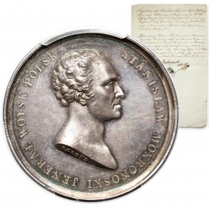 Medal SREBRO Stanisław Mokronoski 1821 - PIĘKNY, z dokumentem