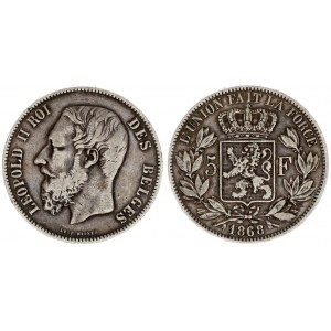 Belgium 5 Francs 1868 Leopold II(1865-1909). Position A. Averse: Smaller head engraver's name near r...