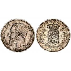 Belgium 5 Francs 1870 Leopold II(1865-1909.). Averse: Smaller head engraver's name near rim below tr...