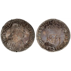 France 1/2 Ecu 1651 A Louis XIV(1643-1715). Averse: Bust with long curl. Reverse: Crowned arms of Fr...