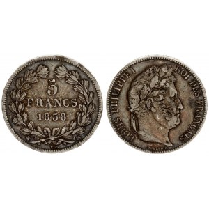 France 5 Francs 1838 BB Louis Philippe (1830-1848). Averse: Laureate head right. Reverse: Mint marks...