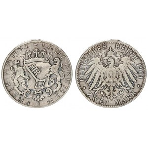 Germany Bremen  2 Mark 1904 J Averse: Key on crowned shield with supporters. Reverse: Crowned imperi...